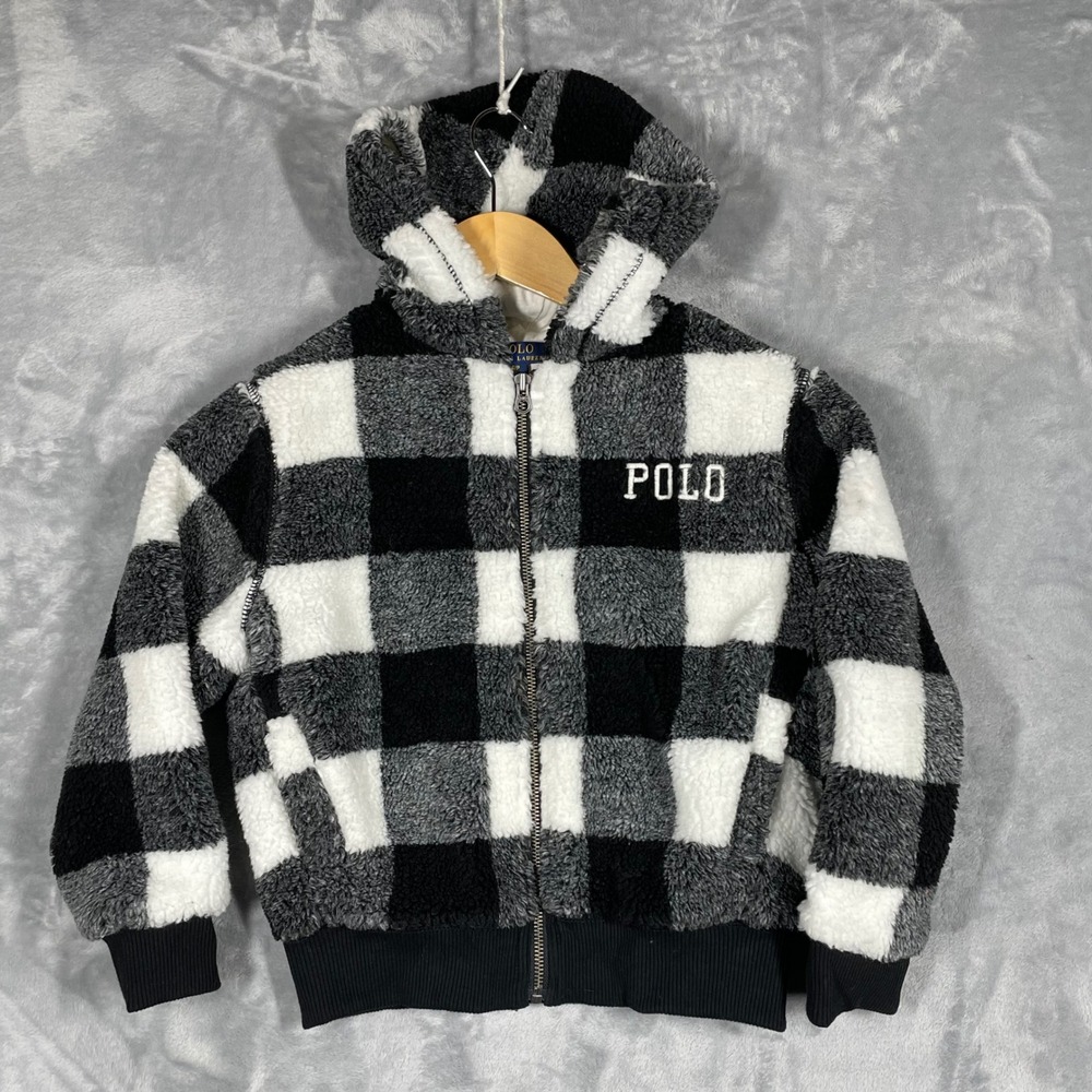 Polo Ralph Lauren Kids Black White Buffalo Check Sherpa Fleece Zip Hoodie Sz 7